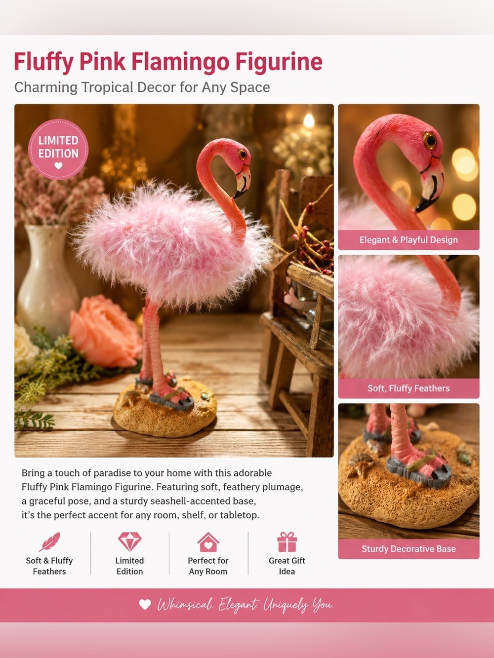 Pink Feather Flamingo Beach Figurine Tropical Coastal Decor Limited Edition